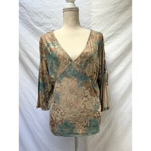 No Boundaries Top 1X Teal Brown Floral V-Neck 3/4 Sleeve Boho Blouse y2k 2000s